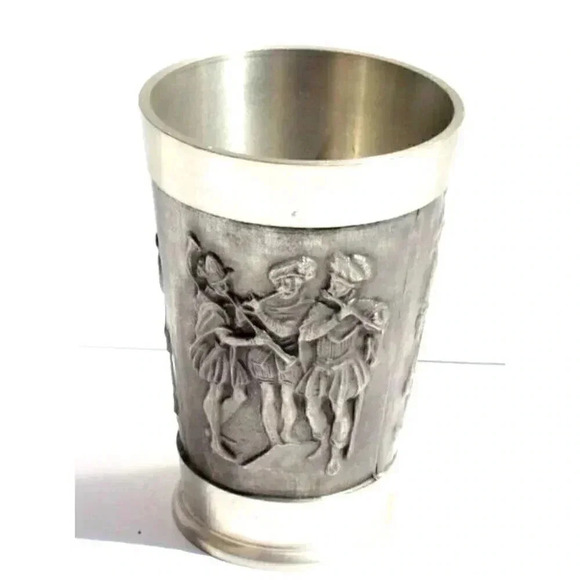 Vintage German Pewter Drinking Cup OLD WORLD FOLK "Playing Music" Fiddle Goblet - Picture 1 of 4